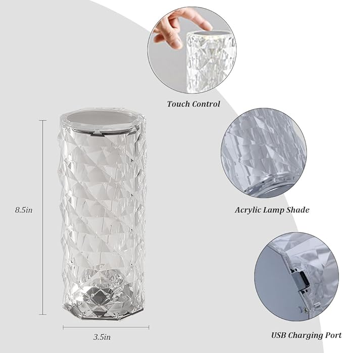 Portable Crystal Table Lamp,16 Color Touch Control Rechargeable Lamp,Crystal Bedside Lamp,Night Light,Room Decor Desk Lamp,Bedroom,Living Room,Kitchen,Dining Room Lamp (16-Color Rose)