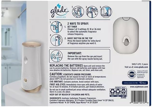 Glade Automatic Spray Variety Pack, 6.2 oz, Aqua Waves, Cashmere Woods & Clean Linen, 8 Ounce (Pack of 1)