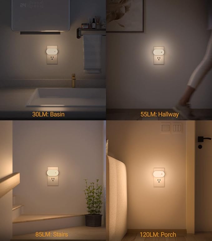 Lyridz Plug-in Night Light with Motion Sensor, 1-120 LM Stepless Adjustable Brightness LED Nightlights for Bathroom, Bedroom, Hallway, Stairs, Garage, Toilet, 4 Pack