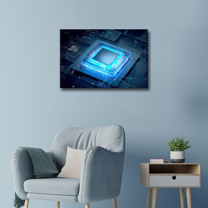 Digital Age Wall Art 1 Piece Cyberpunk AI Pictures Canvas Print CPU Concept Posters Artwork for Home Walls Internet Concept Framed Painting for Bedroom Office Decorations, 24x16in