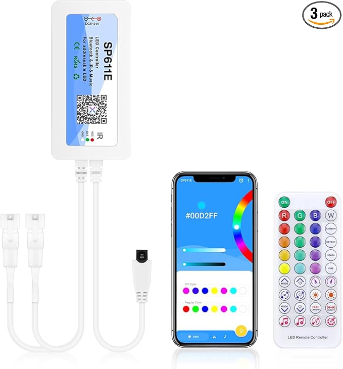 ALITOVE WS2812B WS2811 Bluetooth APP Controller Music Sync Addressable RGB IC LED Remote Controller Dual Outputs SP611E for SK6812 WS2812 SM16703 UCS1903 LED Pixel String Light Strip DC 5V~24V