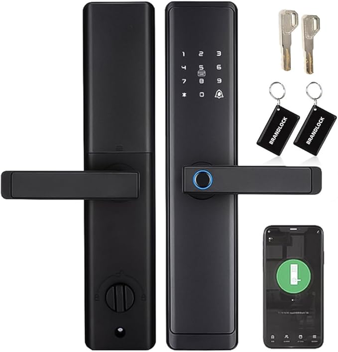 Sophies Keyless Entry Smart Lock with Handle, WiFi Door Lock, Tuya APP Control - Fingerprint Deadbolt with Keypad and Anti-Peeping Password Black