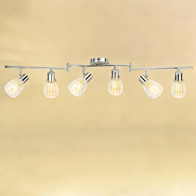 HiBay 6-Light Track Lighting, Flexible Ceiling Light Fixture w/Glass Shades, Modern Chrome Track Spot Lights Indoor for Kitchen, Living Room, Bedroom, E12 Base, No Bulbs