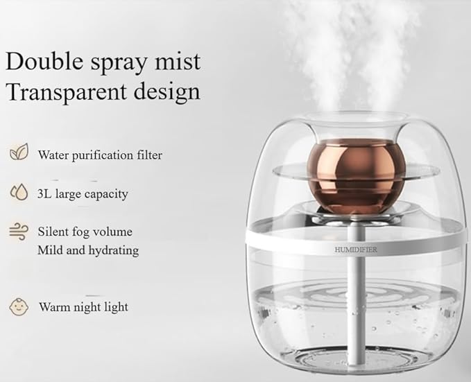105 oz (3000ml) Essential Oil Aromatherapy Diffuser, Transparent Dual Spray Large Capacity Humidifier with Night Light for Large Rooms, Office, Home, Spa, Yoga, Bedroom, Gym (White)