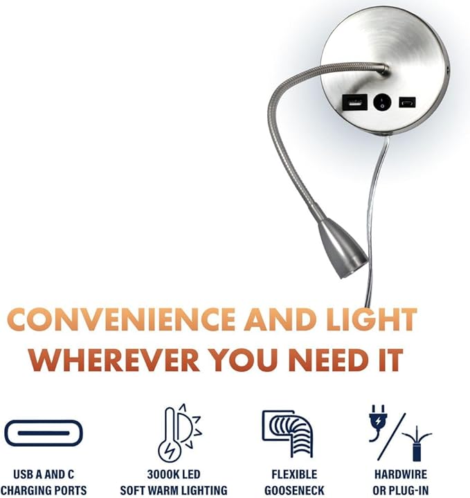 Newhouse Lighting 4.5 in. W x 15 in. H Selene Gooseneck Reading Light in Brushed Steel with USB-A and USB-C Charging Ports NHRL-SE-SLV, Bedside Lamp for Nightstands, Space-Saving Office Desk Accessory