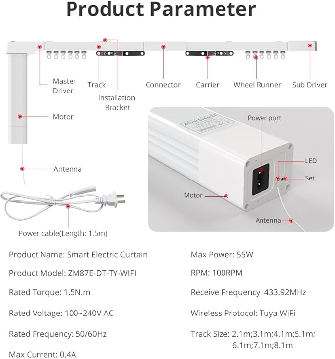 WiFi Smart Curtain Track, Electric Curtains with Remote Compatible with Alexa & Google Home, Tuya App Control, Motorized Track for Automatic Curtains (5.1M (200.8inch))