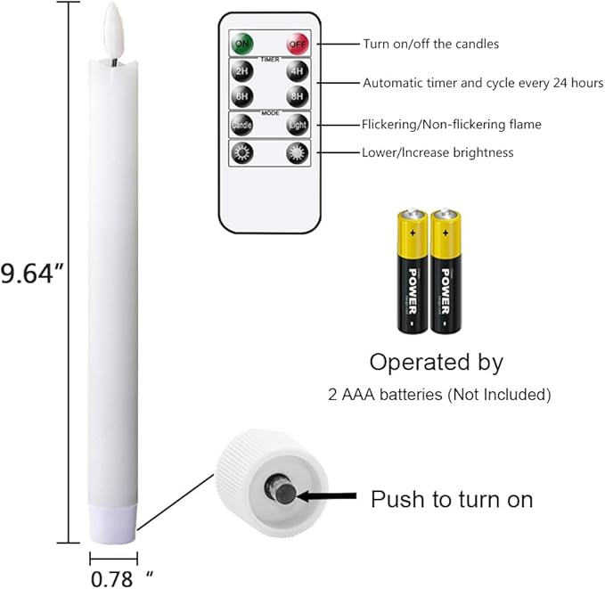 GenSwin Flameless White Taper Candles Flickering with 10-Key Remote, Battery Operated Led Warm 3D Wick Light Window Candles Real Wax Pack of 3, Christmas Home Wedding Decor(0.78 X 9.64 Inch)
