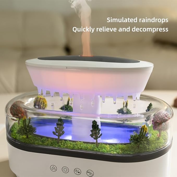 Upgrade Raindrop Humidifier Essential Oil Diffuser with Natural White Noise and Landscape Design，7 Led Colors Change Desktop Diffuser for Home Office Bedroom Waterdrop Diffuser 250ml
