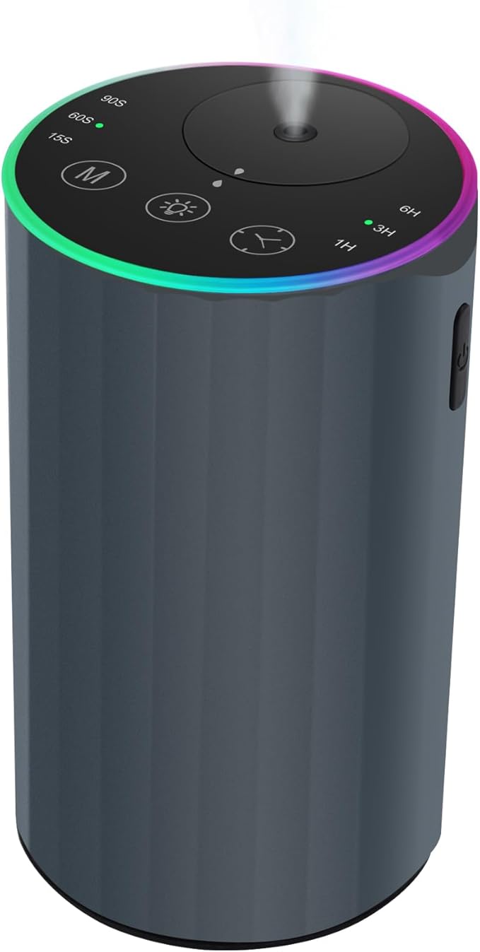 Waterless Essential Oil Diffuser, 7 Colors LED Light, Battery Powered Mini Scent Air Machine, Aromatherapy Mist Diffuser for Home Room Car Office，Black Aluminum Alloy (Grey)
