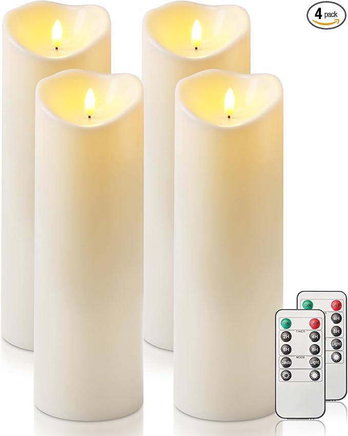 Homemory 4"x12" Outdoor Waterproof Flameless Candles with Timers and Remote Control, Battery Operated Candles, LED Plastic Candles, Ivory White, Set of 4
