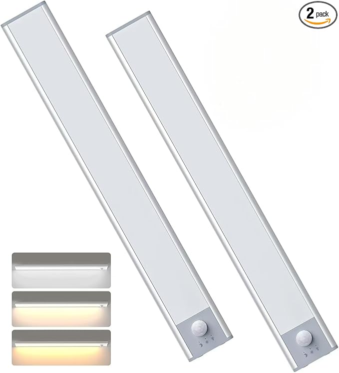 2 Pack 11.8" Motion Sensor Cabinet Light, Under Cabinet Lighting with 4 Modes (Auto Night/Day/Always On/Off), 3 CCT & Stepless Dimming, USB Type-C Charging, for Kitchen, Stairs