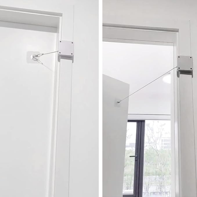 2PCS Automatic Door Closer, White Punch-Free Automatic Sensor, Residential Commercial Auto Door Closer with Drawstring, for Interior Door Home Offices Used