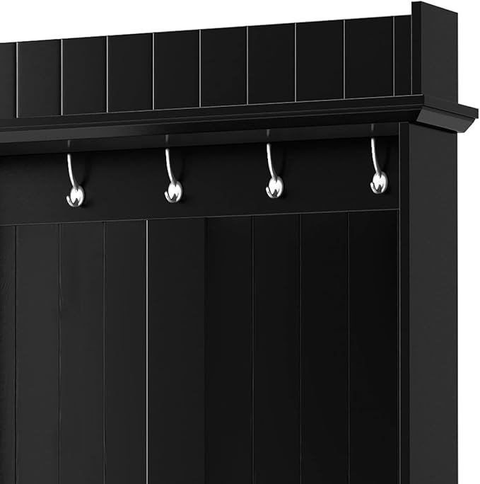 RUNNA Wooden 38.5" Wide Hall Tree with Coat Rack and 2 Large Drawers,Bench,5 Metal Hooks and Handles,For Livingroom Hallway Entryway Use (Black@Drawers)