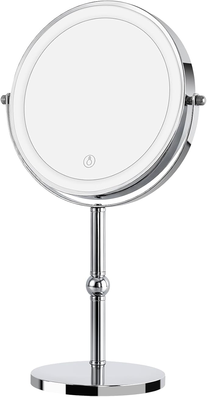 Lighted Makeup Mirror with Brighter Lights,1x/10xTrue HD Magnifying Tabletop Vanity Mirror with Touch Control, 360°Rechargeable Double Sided Mirror with 3 Colors Dimmable Lights