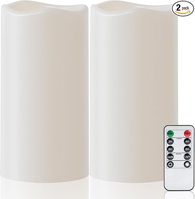 Amagic 2 Pack 8" x 4" Outdoor Plastic Electric flameless Candles with Remote Control and Timer, Battery Operated Flickering LED Pillar Fake Candle for Home, Wedding Decor, Ivory
