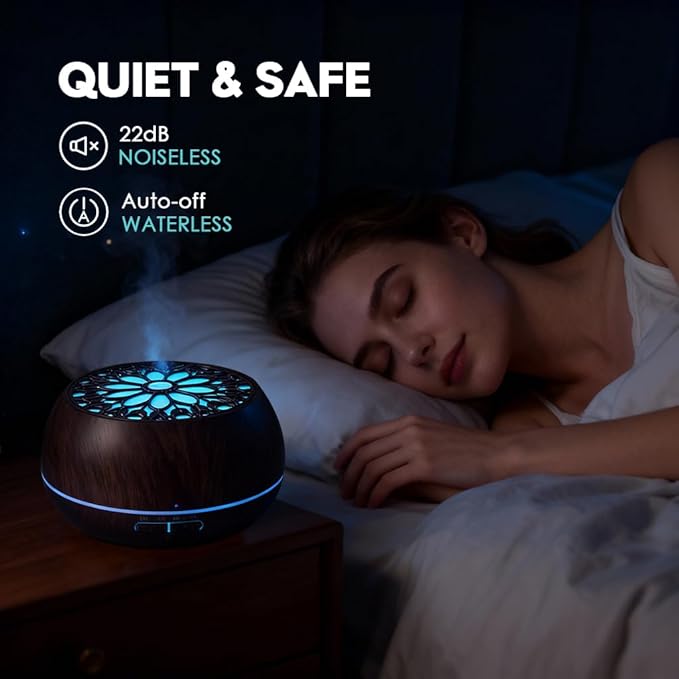 550ml Large Capacity Essential Oil Diffuser with 6 Aromatherapy Oils Set,Ultrasonic Air Humidifier with Timer and 7 Color LED Night Light Waterless Auto-Off Dark Wood Grain