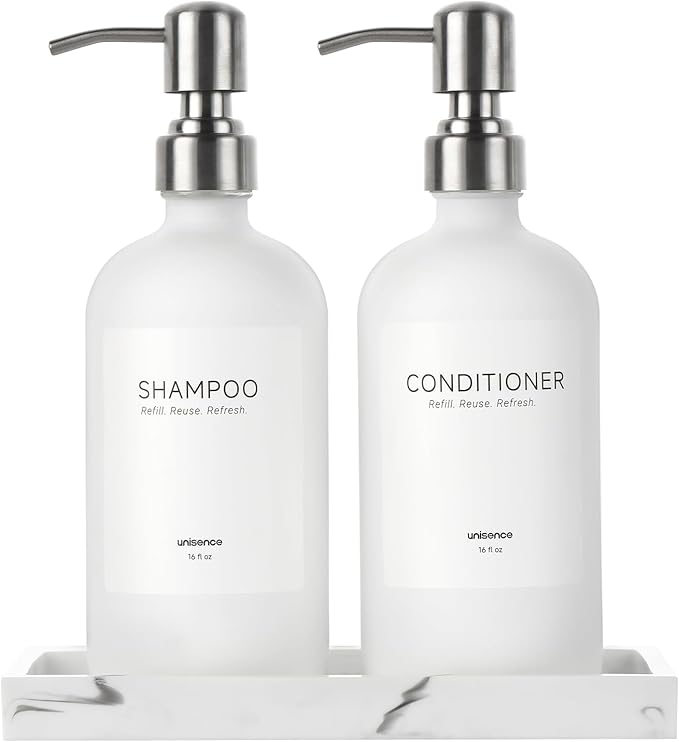 White Glass Soap Dispenser Set for Kitchen, Hand and Dish Soap Dispenser with Stainless Steel Pump & Resin Tray, Perfect for Kitchen,Hotel Rental-Modern Sink Decor for Kitchen & Bath