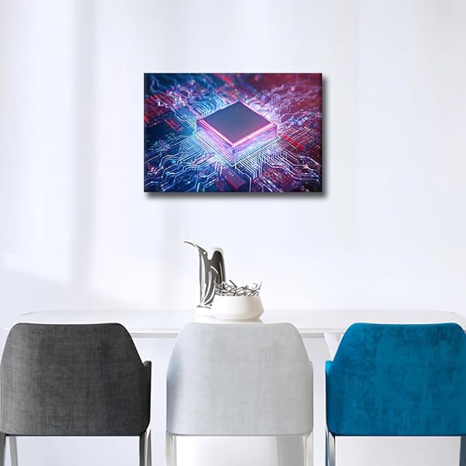 1 Piece Glowing CPU Canvas Wall Art Painting Technology Digital Art Wall Decor for Living Room AI Pictures Print on Canvas Framed Modern Artwork for Home Wall Bedroom Decorations, 18x12in
