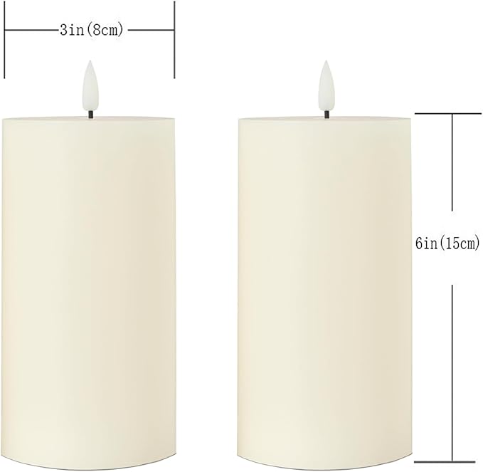 Flameless Candles Set of 2 (3x6 inch) Flickering LED Wax Candles Battery Operated with Remote Control Timers for Night Light/Fireplace/Party Dimmable Ivory Pillar Candles Flat top