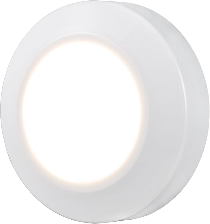 GE Round Mini Touch Light, Battery Operated, White, Push On/Off, Wireless, Emergency Lighting, Hurricane, Storm, Tornado, Under Cabinet, Closet, Attic, Nightstand, Nursery, Bathroom, Hallway, 55219