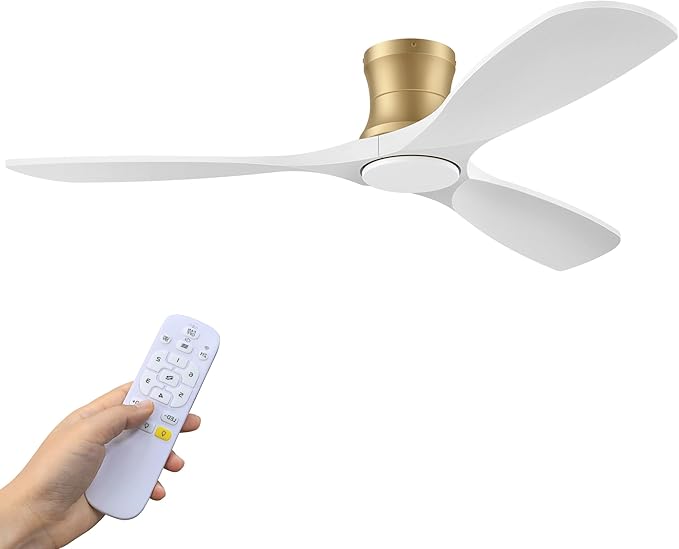 52inch Wood Ceiling Fans with Lights and Remote,Low Profile Modern Ceiling Fan with Light,Outdoor Indoor Flush Mount Ceiling fan,for Bedroom Living room Patio,White Gold,3 Blades,Reversible,Quiet