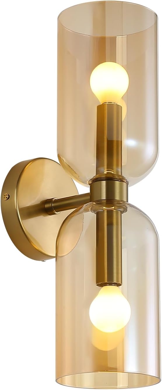Minimalist 2-Light Gold Wall Sconces with Cylinder Glass Shades- Mid Century Vanity Wall Double Lights Hardwired- Modern Indoor Glass Wall Mounted Art Decor Lights (Amber, 1 Pack)