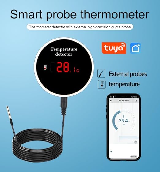 PHOVOLT WiFi Refrigerator Thermometer: Digital Fridge Thermometer, LCD Display,App Notification, Remote App Monitor for Pool, Hot Tub, Fish Tank (Temperature)