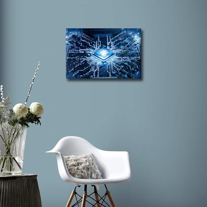 TUMOVO Glowing CPU Canvas Wall Art CPU Concept Wall Art for Living Room Internet Concept Pictures for Bedroom Modern Home Decor Office Bathroom Decorations Artwork Framed Ready to Hang, 18x12in