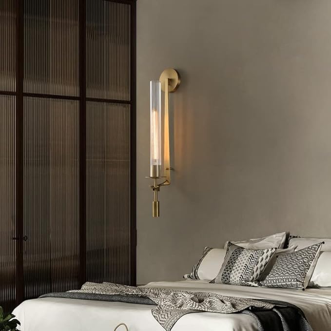 LIGHTLAND Gold Wall Sconce, 28 Inch Modern Metal Glass Wall Light Fixture, Wall Lamp for Living Room Bedroom Hallway (Pack of 1)
