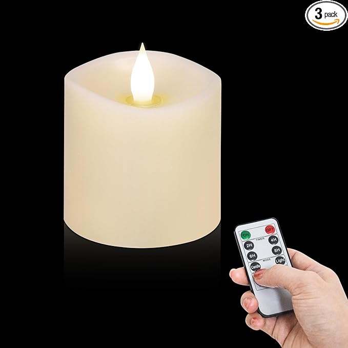 3x3 Flickering Flameless Candles, Real Wax LED Battery Operated Candles, 3 inch Flameless Candles with Remote,for Wedding Holiday Home Decor,Ivory