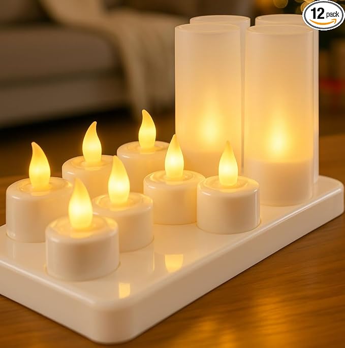 YASENN 12 Pack Rechargeable LED Tealight Candles, Flickering Flameless Tea Lights with Timer, Battery Operated Warm White Color Changing Candles for Holiday Wedding Home Decor