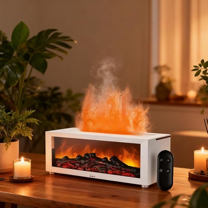 Saker Fireplace Flame Oil Aroma Diffuser 2025 Upgraded|7 Color Changing Lights Aromatherapy Air Diffuser|Essential Oil CoolMist Humidifier with Timer&Remote|Home,Office,Bedroom,Yoga,Room Deco (White)