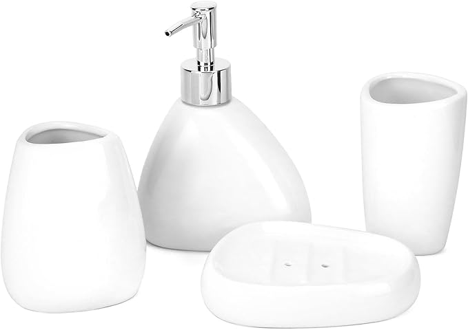 QWORK Elegant White Ceramic Bathroom Accessory Set – Modern Teardrop-Shaped 4-Piece Ensemble – Includes Soap Dispenser, Tumbler, Toothbrush Holder, and Soap Dish for Stylish Home Decor