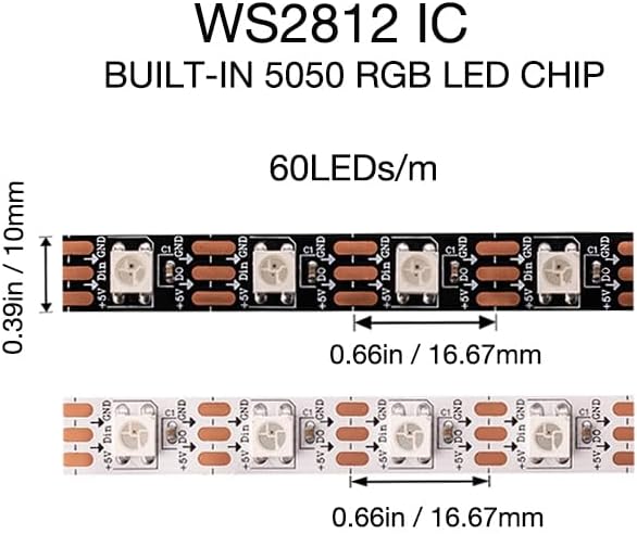 WS2812b 300Pixels 5M Individually Addressable LED Pixel Strip Programmable Full Dream Color SMD 5050 RGB Strip Rope Light DC 5V Waterproof (White PCB 16.4FT 60Pixels/m IP65)