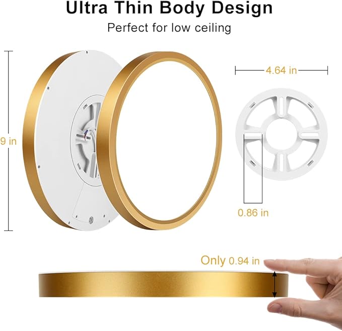 9 Inch LED Flush Mount Ceiling Light Fixture, 3000K Warm White, Low Profile Gold Light Fixture, 18W 1800LM, Round Flat LED Ceiling Light for Closets Bedroom Hallway Stairwells Porch