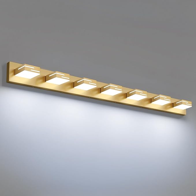 LED Modern Bathroom Vanity Light Fixtures, 7-Light 48-inch Dimmable Gold Vanity Lights for Bathroom Lighting Fixtures Over Mirror, with 350° Rotatable Heads (Cool White 6000K)