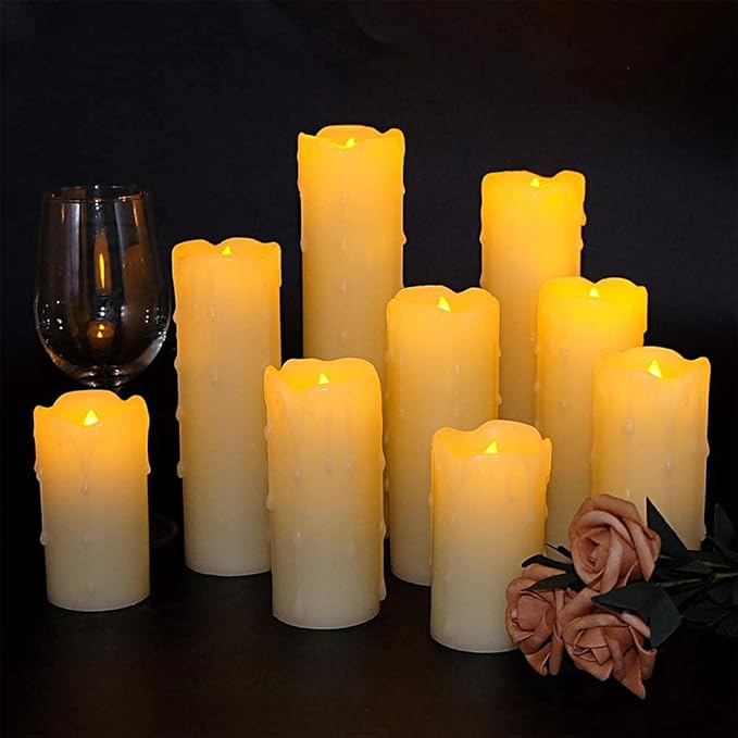 DRomance Flameless Flickering Candles Battery Operated with Remote and Timer, Set of 9 Dripping Real Wax Warm Light LED Pillar Candles for Holiday, Christmas Decoration(Ivory, 2.2" D x 4"-9" H)