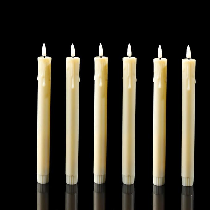 Pack of 6 Decorative Rechargeable Beige Taper Candles with USB Charge Warm White Light 10 Inch,Remote Flameless Christmas LED Window Candlesticks,25.5 cm Plastic Wedding Candles with Timer