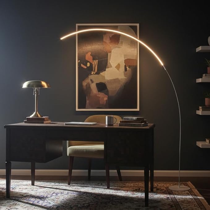 Brightech Sparq Arc Floor Lamp - Sleek, Minimalist Curved LED Standing Lamp for Living Room, Office Desk, Arches Over Bed and Sofa for Reading, Bright & Dimmable Task Light - Silver
