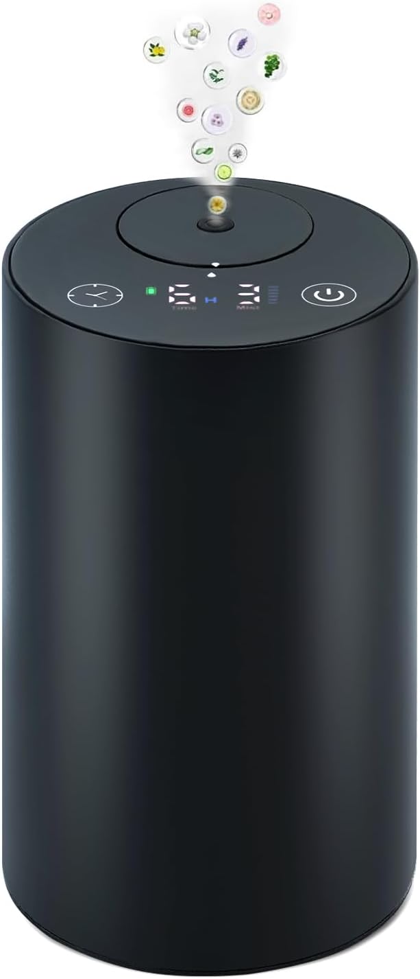 Waterless Essential Oil Diffuser – Aromatherapy Scent Diffusers for Home, Office, Hotel, Bedroom – Modern and Elegant Mini Fragrance Diffuser – Cordless and Portable with Digital Display(Black)