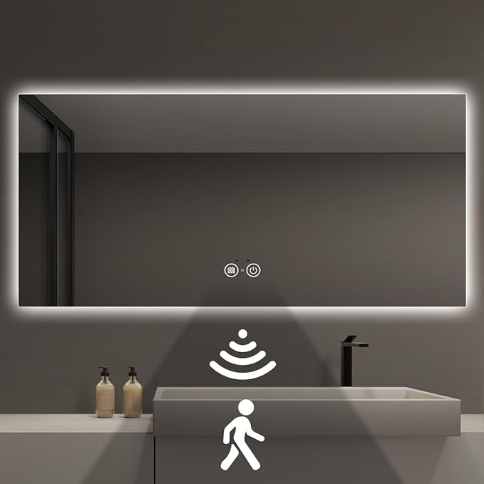 56 x 36 LED Bathroom Vanity Mirror, 3 Colors Four-Side Backlit Mirror Bathroom with Motion Sensor, Stepless Dimmable Wall Mirror with Lights, Anti-Fog, Rectangular, UL-Listed