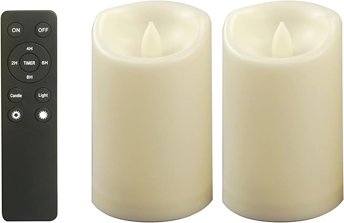 CANDLE CHOICE Outdoor Battery-Operated Flameless Candles with Remote Timer Waterproof Flickering Plastic Electric LED Pillar Lights for Lantern Patio Garden Wedding Halloween Christmas 3”x5” 2 Pack