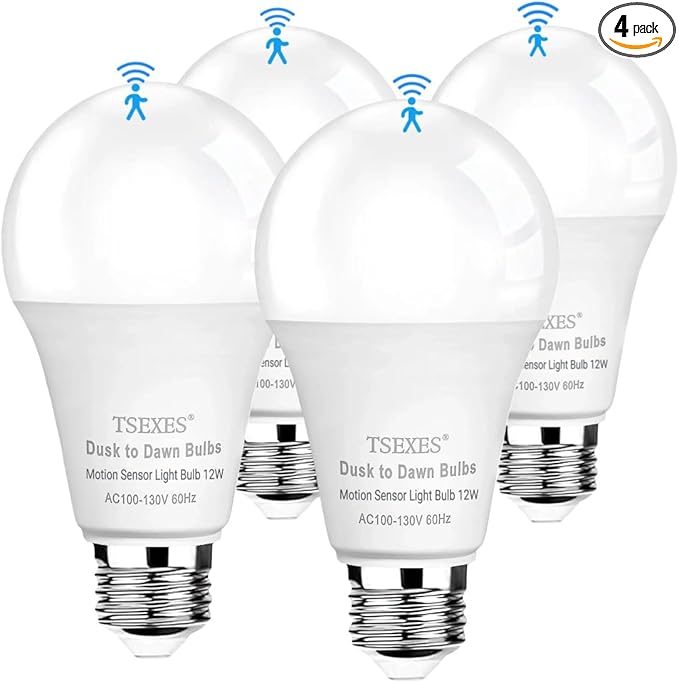 12W Motion Sensor Light Bulbs (100W Equivalent), 5000K Daylight, Motion Activated Light Bulb with Dusk to Dawn Sensor for Outdoor & Indoor,Porch, Stairs, Hallway, 4-Pack