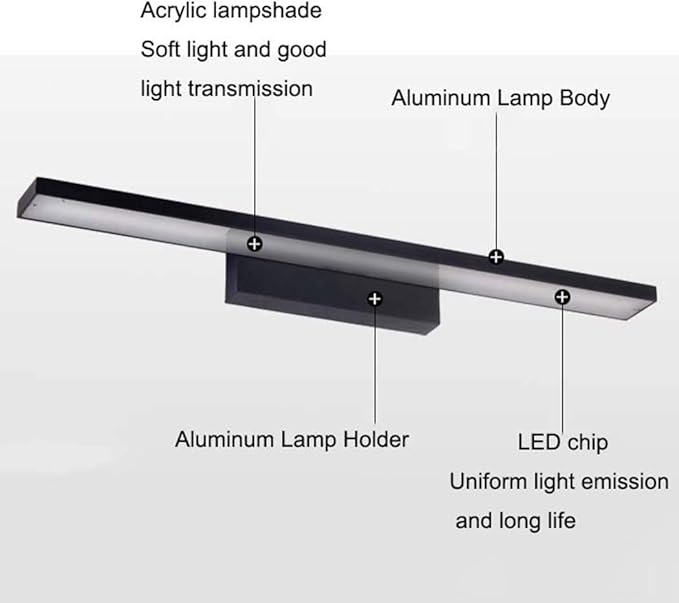 GDLight Bathroom LED Vanity Lights Make-Up Mirror Front Light Waterproof Moisture-Proof Bathroom Lighting Fixture Wall Lamp for Bedroom Hotel,Black,White Light,60cm