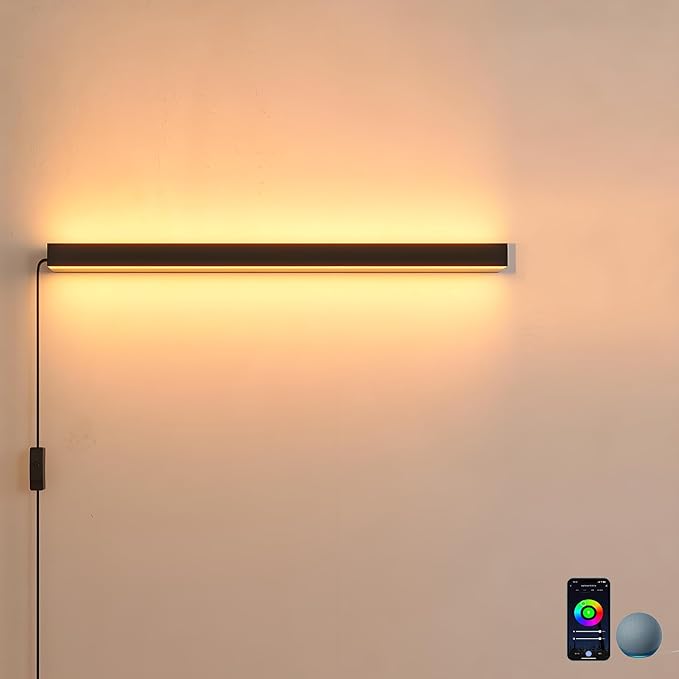 Plug In Wall Sconce,Smart RGBCW LED Wall Light Work with Alexa,Phone APP,Color Changing & White Dimmable Modern Room Wall Mount Light Bar,23.6In Long for Bedroom,Livingroom,Corner,Music Sync,1pcs