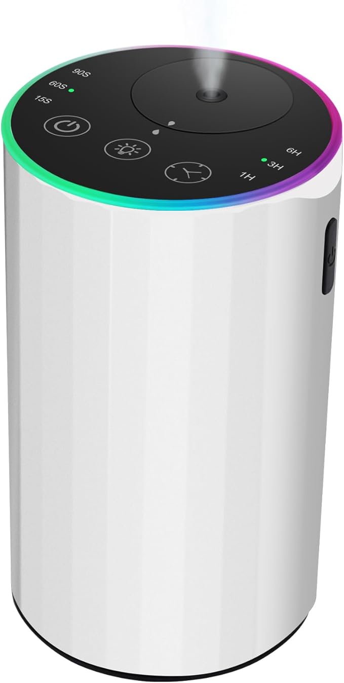Waterless Essential Oil Diffuser, 7 Colors LED Light, Battery Powered Mini Scent Air Machine, Aromatherapy Mist Diffuser for Home Room Car Office，Black Aluminum Alloy (White)