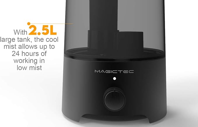 Magictec Cool Mist Humidifier, 2.5L Essential Diffuser for Bedroom and Baby, Adjustable Mist Output, Auto Shut Off, Super Quiet 360 Nozzle - Lasts Up to 24 Hours, Black