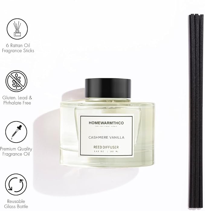 Cashmere Vanilla Reed Diffuser Set - Luxury Fragrance Reed Diffusers for Home, Office & Bathroom Décor - Long Lasting Scent Sticks Diffuser with Non-Toxic Oils (5.63 oz) (Cashmere Vanilla)