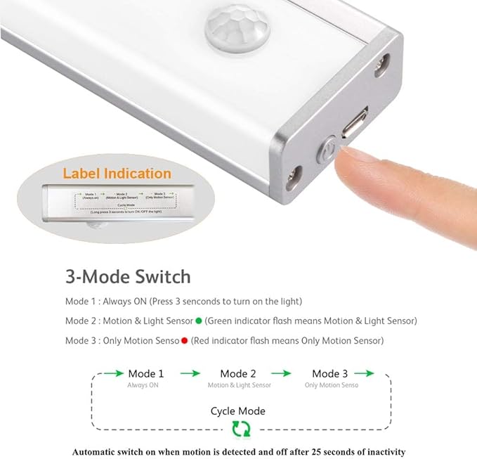 Under Cabinet Light LED Rechargeable Battery Operated Motion Sensor Light Indoor 2 Pack Magnetic Closet Lights Wireless Under Counter Lights for Kitchen, Stairs,Motion Activated Light Bar 20cm