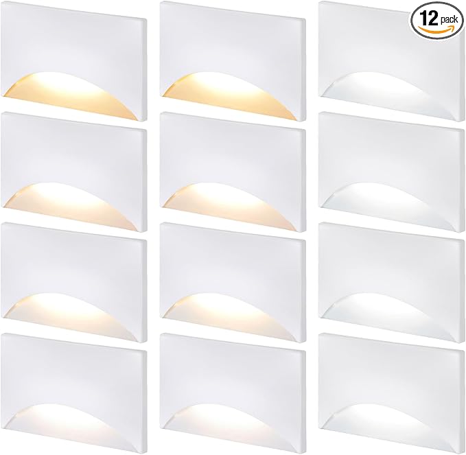LEONLITE 12-Pack White 5CCT 120V LED Step Lights, 150LM 5%-100% Dimmable Stair Lights Indoor Outdoor IP65 Waterproof, Aluminum Anti-Glare Shell, CRI90 ETL 2700K/3000K/3500K/4000K/5000K